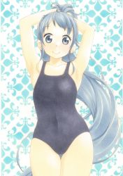 Rule 34 | 1girl, absurdres, armpits, arms behind head, arms up, bare shoulders, blue eyes, blue hair, collarbone, cowboy shot, furuta tomohiro, highres, kantai collection, long hair, looking at viewer, marker (medium), one-piece swimsuit, ponytail, samidare (kancolle), smile, solo, swimsuit, thigh gap, traditional media, tying hair, very long hair