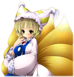 Rule 34 | 1girl, bad id, bad pixiv id, blonde hair, breasts, female focus, fox tail, hat, multiple tails, nichol, short hair, solo, standing, tail, touhou, white background, yakumo ran, yellow eyes