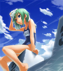 Rule 34 | 00s, 1girl, barefoot, blue eyes, caustics, cloud, day, green hair, iwasaki minami, lucky star, name tag, nilitsu, one-piece swimsuit, pool, poolside, school swimsuit, short hair, sitting, sky, solo, swimsuit