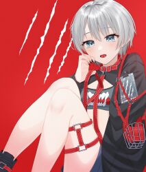 Rule 34 | 1girl, blue eyes, claw mark, claw pose, collar, fangs, grey hair, highres, holding, holding leash, knees up, leash, long sleeves, looking at viewer, muzzle, nail polish, open mouth, original, piercing, red background, short hair, shrug (clothing), sitting, solo, sports bra, thigh strap, tongue piercing, wanko (yurika0320)
