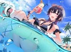 Rule 34 | 4girls, :d, animal, animal on head, ass, bad id, bad pixiv id, bikini, bird, bird on head, black bikini, black hair, blue sky, blush stickers, breasts, bubble, cleavage, closed eyes, closed mouth, cloud, commentary request, crossed bangs, cup, day, drinking straw, eating, floating, food, hair ornament, highres, hikari yui, holding, holding cup, holding food, holding water gun, ice cream, ichinose uruha, innertube, large breasts, long hair, looking at viewer, multiple girls, on head, one-piece swimsuit, open mouth, orange one-piece swimsuit, outdoors, palm tree, ponytail, popsicle, purple bikini, purple eyes, red bikini, short hair, side-tie bikini bottom, sitting, sky, smile, solo focus, standing, swim ring, swimsuit, thigh strap, tree, twintails, virtual youtuber, vspo!, water drop, water gun, waving, x hair ornament