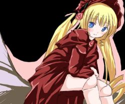 Rule 34 | 00s, 1girl, blonde hair, blue eyes, blush, bonnet, doll, doll joints, dress, flower, frown, joints, long hair, long sleeves, red dress, rose, rozen maiden, shinku, sidelocks, solo, twintails, very long hair, wavy mouth