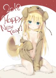 Rule 34 | 1girl, animal hood, blonde hair, blush, breasts, brown jacket, carpet, chestnut mouth, collarbone, convenient arm, convenient censoring, copyright request, dog hood, dog tail, full body, green eyes, happy new year, hood, jacket, kani biimu, long hair, long sleeves, navel, new year, no bra, no shoes, off shoulder, open clothes, open jacket, partially unzipped, single bare shoulder, sitting, sleeves past wrists, small breasts, solo, straight hair, tail, thighhighs, two-tone background, very long hair, white thighhighs, yokozuwari, zipper