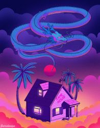 Rule 34 | alt text, animal, artist name, building, cloud, cloudy sky, commentary, dark clouds, dragon, dragon ball, dragon ball (classic), dragon ball super, dragonball z, english commentary, english text, floating, glowing, glowing eyes, highres, house, kame house, no humans, orange theme, outdoors, palm tree, pink theme, purple theme, red eyes, red sun, see-through, shenron (dragon ball), sky, stairs, sun, sunset, surudenise, tree, weather vane, whiskers, window