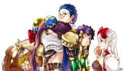 Rule 34 | 1girl, 2boys, armor, belt, blue eyes, blue hair, bow, breasts, brown belt, cape, carrying, carrying person, cleavage, closed mouth, dieter (ragnarok online), flask, full body, genetic (ragnarok online), glasses, hair bow, large breasts, living clothes, looking at another, love morocc, multiple boys, pants, pauldrons, pince-nez, purple cape, purple hair, ragnarok online, red bow, red eyes, round-bottom flask, round eyewear, short hair, shoulder armor, simple background, slime (creature), smile, teeth, upper body, vanilmirth (ragnarok online), vial, white background, white hair, yellow bow, yellow eyes, yellow pants