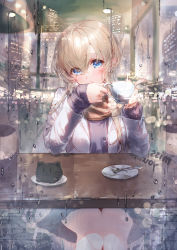 Rule 34 | 1girl, absurdres, black sweater, blonde hair, blue eyes, blurry, blurry background, bokeh, building, cafe, city lights, coat, commentary, crossed bangs, cup, depth of field, eshineko, hair between eyes, highres, holding, holding cup, indoors, legs together, light blush, long hair, looking at viewer, night, original, parted lips, rain, reflection, sitting, solo, sweater, table, water drop, white coat