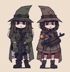 Rule 34 | 2girls, armband, assault rifle, belt, black footwear, blunt bangs, boots, breast pocket, brown belt, brown cape, brown headwear, brown jacket, buttons, cape, character request, chibi, cigarette, closed mouth, commentary request, contemporary, copyright request, daewoo k2, full body, gloves, green belt, green cape, green headwear, green jacket, green shirt, gun, gun sling, hands in pockets, hat, hat belt, jacket, kalashnikov rifle, karepack, kneehighs, korean commentary, long hair, long sleeves, looking at viewer, messy hair, military, military jacket, military uniform, mouth hold, multiple girls, original, pantyhose, pentagram, pocket, pointy ears, red armband, red cape, red eyes, republic of korea army, rifle, ringed eyes, shirt, short hair, sidelocks, simple background, socks, soldier, standing, twintails, two-tone cape, type 88 (assault rifle), uniform, weapon, white background, witch, witch hat