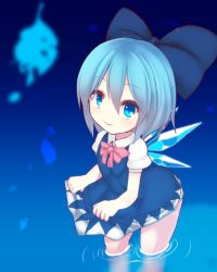 Rule 34 | 1girl, blue eyes, blue hair, bow, cirno, clothes lift, dress, dress lift, hair bow, hair ribbon, ice, ice wings, kuresento, looking at viewer, matching hair/eyes, ribbon, short hair, short sleeves, solo, touhou, wading, water, wings