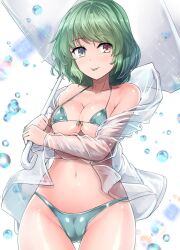 Rule 34 | 1girl, aqua hair, bikini, blue bikini, blue eyes, breasts, cleavage, commentary request, heterochromia, jacket, large breasts, looking at viewer, midriff, navel, red eyes, see-through, simple background, smile, solo, swimsuit, tatara kogasa, tongue, tongue out, touhou, umbrella, white background, y2