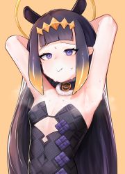 Rule 34 | 1girl, absurdres, armpits, arms behind head, black hair, blunt bangs, choker, closed mouth, dress, flat chest, fur trim, hair ornament, halo, highres, hololive, hololive english, hun2, ninomae ina&#039;nis, orange background, presenting armpit, purple eyes, simple background, solo, steaming body, sweat, tentacle hair, upper body, virtual youtuber, wavy mouth