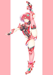 Rule 34 | 1girl, absurdres, breasts, daive, full body, highres, leg up, looking at viewer, medium breasts, one eye closed, pyra (xenoblade), red eyes, red hair, short hair, shorts, skindentation, smile, solo, split, standing, standing on one leg, standing split, thighhighs, xenoblade chronicles (series), xenoblade chronicles 2