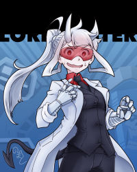 Rule 34 | 1girl, breasts, coat, cowboy shot, demon girl, demon tail, formal, goggles, hands up, helltaker, highres, horns, knockmart, lab coat, long hair, long sleeves, loremaster (helltaker), medium breasts, necktie, open clothes, open coat, open mouth, pants, ponytail, red-tinted eyewear, red-tinted glasses, red eyes, red shirt, shirt, sleeves rolled up, solo, standing, suit, sunglasses, tail, tinted eyewear, visor, white coat, white hair