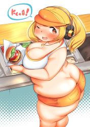Rule 34 | 1girl, ass, blonde hair, blush, breasts, brown eyes, butt crack, cleavage, fat, food, fusa (starless2323), burger, headphones, huge ass, huge breasts, looking at viewer, nitroplus, obese, short hair, smile, solo, super pochaco, twintails, visor, white bikini, wide hips