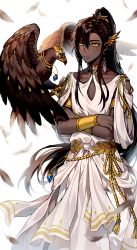 Rule 34 | 1boy, absurdres, arabian clothes, bad id, bad twitter id, bird, bracelet, brown feathers, brown hair, closed mouth, collarbone, copyright request, crossed arms, dark-skinned male, dark skin, earrings, falcon, feathers, ha youn, hair ornament, high ponytail, highres, jewelry, long hair, looking at another, male focus, necklace, simple background, solo, standing, tassel, very long hair, white background, yellow eyes