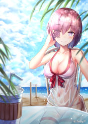 Rule 34 | 1girl, absurdres, bare shoulders, beach, bikini, bikini bottom only, blurry, blush, bokeh, breasts, chair, cleavage, closed mouth, cloud, cloudy sky, collarbone, covered navel, cup, day, depth of field, drinking straw, eyes visible through hair, fate/grand order, fate (series), fingernails, hair between eyes, hair over one eye, hand in own hair, hand up, highres, horizon, huge filesize, ibning27, large breasts, leaf, lens flare, light particles, looking at viewer, mash kyrielight, mash kyrielight (swimsuit of perpetual summer), ocean, official alternate costume, outdoors, purple eyes, purple hair, red ribbon, ribbon, see-through, shore, short hair, sitting, sky, smile, solo, swimsuit, table, twitter username, volleyball net, white bikini