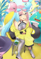 Rule 34 | 1girl, bellibolt, blue hair, blush, bottle, bow-shaped hair, breasts, character hair ornament, creatures (company), floating, floating object, full body, game freak, grey footwear, hair ornament, hexagon print, highres, indoors, iono (pokemon), jacket, long hair, long sleeves, medium breasts, multicolored hair, nintendo, noeru, open mouth, pink hair, plant, pokemon, pokemon (creature), pokemon sv, potted plant, sideways glance, single leg pantyhose, sitting, sleeves past fingers, sleeves past wrists, sweat, twintails, two-tone hair, very long hair, water bottle, yellow eyes, yellow jacket