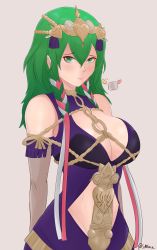 Rule 34 | 1girl, absurdres, braid, breasts, byleth (female) (fire emblem), byleth (fire emblem), cleavage, closed mouth, cosplay, dress, fire emblem, fire emblem: three houses, green eyes, green hair, grey background, hair ornament, highres, large breasts, medium hair, nintendo, side braid, simple background, smgold, solo, sothis (fire emblem), sothis (fire emblem) (cosplay), tiara, twin braids, twitter username