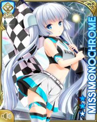Rule 34 | 1girl, blue eyes, blunt bangs, card, character name, checker pattern, checkered flag, closed mouth, day, flag, girlfriend (kari), midriff, miss monochrome, miss monochrome (character), navel, official art, outdoors, qp:flapper, race queen, race track, shirt, skirt, solo, tagme, thighhighs, twintails, white footwear, white hair, white shirt, white skirt
