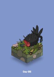 Rule 34 | all fours, black feathers, blue background, broken horn, commentary request, diorama, face down, feathers, gozz, highres, horns, isometric, log, open mouth, original