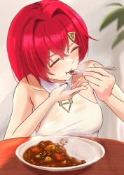 Rule 34 | 1girl, absurdres, ange katrina, ange katrina (2nd costume), blush, closed eyes, collared shirt, curry, curry rice, eating, food, hair intakes, hair ornament, highres, holding, holding spoon, nakai kana, nijisanji, plate, red hair, rice, see-through, see-through shirt, shirt, sleeveless, sleeveless shirt, solo, spoon, table