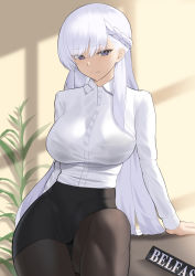 Rule 34 | 1girl, absurdres, alternate costume, arm behind back, arm support, azur lane, belfast (azur lane), black pantyhose, black skirt, blue eyes, braid, breasts, character name, closed mouth, collared shirt, commentary, english commentary, highres, indoors, large breasts, long hair, long sleeves, looking at viewer, lordol, pantyhose, pencil skirt, plant, shirt, shirt tucked in, sitting, skirt, solo, very long hair, white hair, white shirt