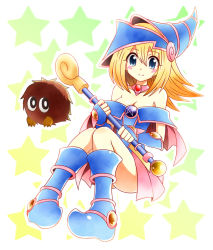 Rule 34 | 1girl, bare shoulders, blonde hair, blue eyes, blue footwear, blush, boots, breasts, choker, cleavage, collar, dark magician girl, duel monster, gloves, hat, kuriboh, long hair, pentacle, sitting, skirt, smile, solo, staff, star (symbol), starry background, usoco, wizard hat, yu-gi-oh!, yu-gi-oh! duel monsters
