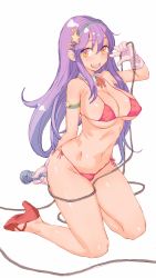 Rule 34 | 1girl, asamiya athena, bikini, breasts, cleavage, collar, covered erect nipples, full body, gloves, hairband, high heels, kneeling, large breasts, long hair, looking at viewer, medium breasts, micro bikini, microphone, navel, open mouth, psycho soldier, purple hair, red bikini, red footwear, shoes, side-tie bikini bottom, sideboob, simple background, smile, snk, solo, swimsuit, the king of fighters, thighs, tongue, underboob, uniskie saabunrou, v, white background, yellow eyes