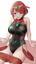 Rule 34 | 1girl, absurdres, amayo thranana, black one-piece swimsuit, breasts, chest jewel, competition swimsuit, covered collarbone, covered navel, gem, headpiece, highres, large breasts, one-piece swimsuit, pyra (pro swimmer) (xenoblade), pyra (xenoblade), red eyes, red hair, red one-piece swimsuit, red shorts, ribbed swimsuit, short hair, short shorts, shorts, solo, strapless, strapless one-piece swimsuit, striped clothes, striped one-piece swimsuit, swept bangs, swimsuit, tiara, two-tone swimsuit, vertical-striped clothes, vertical-striped one-piece swimsuit, xenoblade chronicles (series), xenoblade chronicles 2