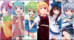Rule 34 | 6+girls, :d, ;), ;q, animal ears, aqua eyes, aqua hair, ascot, between legs, black hair, blonde hair, blush, book, bow, column lineup, daiyousei, dog ears, dress, embarrassed, fangs, finger to mouth, floppy ears, floral print, flower, green eyes, green hair, hair bow, hair flower, hair ornament, hair ribbon, hand between legs, hieda no akyuu, holding, holding book, japanese clothes, kasodani kyouko, kimono, kneehighs, knees together feet apart, leg up, licking, licking finger, long hair, long sleeves, looking at viewer, mouse ears, multiple girls, nazrin, one eye closed, open mouth, puffy short sleeves, puffy sleeves, purple eyes, purple hair, red eyes, ribbon, rumia, shirt, short hair, short sleeves, shushing, silver hair, skirt, skirt set, smile, socks, star sapphire, tec, tongue, tongue out, touhou, v arms, vest, white legwear, wide sleeves