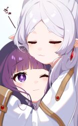 Rule 34 | 2girls, :3, blush, closed eyes, closed mouth, commentary request, cut bangs, elf, fern (sousou no frieren), frieren, highres, hug, inuyama nanami, long hair, multiple girls, pointy ears, purple eyes, purple hair, simple background, smile, sousou no frieren, upper body, white background, white hair