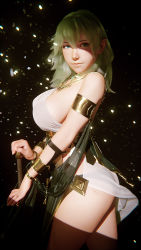Rule 34 | 1girl, 3d, armlet, blender (medium), bracelet, breasts, byleth (female) (fire emblem), byleth (fire emblem), dancer (fire emblem: three houses), dark background, fire emblem, fire emblem: three houses, green hair, highres, j9006, jewelry, large breasts, light particles, looking at viewer, medium hair, necklace, nintendo, official alternate costume, pommel, shade, shawl, sideboob, solo, sword, thighs, weapon