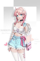 Rule 34 | 1girl, absurdres, ahoge, alternate costume, aqua eyes, arknights, arm behind back, artist name, bag, bare shoulders, black choker, blue eyes, blue poison (arknights), blue shorts, bow, bra, braid, breasts, bridal gauntlets, bright pupils, character name, chinese commentary, choker, cleavage, collarbone, cowboy shot, crop top, cross-laced clothes, eminya 27, forehead, frilled shorts, frills, garter straps, hair bow, hair ornament, hairclip, hand up, handbag, heart, high-waist shorts, highres, long hair, looking at viewer, medium breasts, midriff, official alternate hairstyle, parted bangs, parted lips, shorts, shoulder bag, smile, solo, thighhighs, twin braids, underwear, white bow, white bra, white thighhighs, x hair ornament