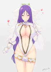 Rule 34 | 10s, 1girl, belt, belt buckle, blush, breasts, bridal veil, buckle, center opening, chain necklace, cleavage, cosplay, dated, fate/extra, fate/extra ccc, fate/grand order, fate (series), flower wreath, hand on own chest, heart, hip focus, kuavera, large breasts, leotard, lock, long hair, looking at viewer, low-tied long hair, minamoto no raikou (fate), navel, necklace, nero claudius (bride) (fate), nero claudius (fate), nero claudius (fate) (all), purple eyes, purple hair, saber bride (cosplay), signature, simple background, sleeve cuffs, smile, solo, thighs, veil, very long hair, zipper, zipper pull tab