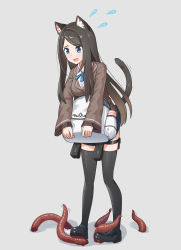 Rule 34 | 1girl, absurdres, aina (mao lian), animal ear fluff, animal ears, bag, black footwear, black thighhighs, blue eyes, blue ribbon, blue skirt, blush, breasts, brown hair, brown jacket, cat ears, cat tail, flying sweatdrops, full body, grey background, highres, holding, holding bag, jacket, leech, long hair, long sleeves, mao lian (nekokao), medium breasts, miniskirt, neck ribbon, open mouth, original, pleated skirt, ribbon, shoes, simple background, skirt, smile, solo, standing, tail, tail raised, tentacles, thigh strap, thighhighs