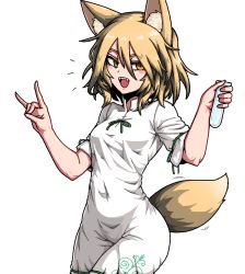 Rule 34 | 1girl, animal ear fluff, animal ears, blonde hair, breasts, corked bottle, covered navel, cowboy shot, finger touching, formicid, fox ears, fox girl, fox shadow puppet, fox tail, green ribbon, holding, holding test tube, jaggy lines, jumpsuit, kudamaki tsukasa, one-hour drawing challenge, onesie, open mouth, ribbon, romper, sharp teeth, short hair, simple background, small breasts, solo, tail, teeth, test tube, touhou, white background, white jumpsuit, yellow eyes