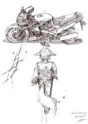 Rule 34 | 1boy, animal ears, character name, commentary, commission, english commentary, from above, greyscale, indie virtual youtuber, jacket, kawasaki gpz500, male focus, mizukiri fuurai, monochrome, motor vehicle, motorcycle, pants, parody, seiko hirai, shadow, short hair, signature, skeb commission, solo, tail, vehicle focus, virtual youtuber, walking