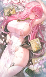 Rule 34 | 1girl, absurdres, arm up, armpits, azur lane, blurry, blurry foreground, blush, book, breasts, cherry blossoms, china dress, chinese clothes, commentary, covered navel, dress, flower, groin, hand on own stomach, highres, huge breasts, long hair, looking at viewer, lying, official alternate costume, on back, perseus (azur lane), perseus (spring lackadaisical leisure) (azur lane), pink eyes, pink flower, pink hair, sideboob, signature, solo, tansuan (ensj3875), thighs, torn clothes, torn dress, white dress