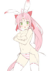 Rule 34 | 1girl, animal ears, blush, bow, breasts, covering breasts, covering privates, cowboy shot, facial mark, forehead mark, green eyes, hair bow, highres, kazuma (kazumav), large breasts, long hair, navel, open mouth, original, panties, pink hair, rabbit ears, rabbit tail, side-tie panties, simple background, sketch, solo, striped clothes, striped panties, sweatdrop, tail, thighhighs, topless, underwear, untied panties, very long hair, white thighhighs
