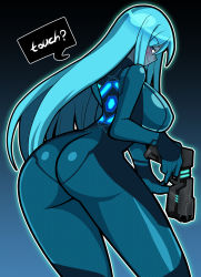 Rule 34 | 1girl, aqua eyes, aqua hair, ass, blush, bodysuit, breasts, come hither, dark samus, from behind, gun, highres, iriomote umineko, large breasts, long hair, looking at viewer, looking back, metroid, naughty face, nintendo, shiny clothes, sideboob, smile, solo, very long hair, weapon, zero suit