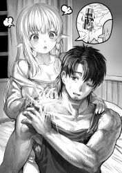 Rule 34 | 1boy, 1girl, puff of air, absurdres, bed, black hair, boroboro no elf-san o shiawaseni suru kusuri uri-san, braid, breasts, comic, commentary request, curtains, elf, facial hair, gibagiba, greyscale, hand on another&#039;s shoulder, highres, indoors, kusuriuri-san, large breasts, long hair, magic, miscon, monochrome, muscular, muscular male, one eye closed, pointy ears, reszurre, scar, scar on breasts, scar on face, short hair, sweatdrop, tank top, window