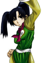 Rule 34 | 1girl, :/, arm up, black eyes, black hair, blue hair, breasts, chinese clothes, chunsoft, clenched hand, clothes writing, cowboy shot, dragon quest, dragon quest iii, enix, fighter (dq3), fighting stance, fingernails, hair bobbles, hair ornament, hiropon (hiropong), hiropong, long hair, long sleeves, looking at viewer, looking back, medium breasts, no pupils, parted bangs, sash, simple background, square enix, standing, twintails, white background