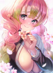 Rule 34 | 1girl, absurdres, black jacket, blush, braid, breasts, cherry blossoms, cleavage, flower, gradient hair, green eyes, green hair, highres, holding, holding flower, jacket, kanroji mitsuri, kimetsu no yaiba, large breasts, long hair, long sleeves, looking at viewer, madopen, mole, mole under each eye, mole under eye, multicolored hair, multiple moles, no bra, open clothes, open jacket, petals, pink flower, pink hair, smile, solo, twin braids, upper body, very long hair