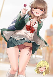Rule 34 | 1girl, bag, blonde hair, blue bag, blue eyes, blush, bow, bowtie, bra visible through clothes, breasts, cameltoe, candy, carrying bag, cleavage, closed eyes, clothes lift, collared shirt, commentary request, earrings, food, green jacket, green skirt, highres, holding, holding candy, holding food, holding lollipop, idolmaster, idolmaster cinderella girls, jacket, jewelry, legs apart, lollipop, long hair, long sleeves, looking at viewer, medium breasts, miniskirt, mk (mod0), open clothes, open jacket, open mouth, panties, pink panties, pleated skirt, red bow, red bowtie, sakuma mayu, school bag, see-through, see-through shirt, shirt, side-tie panties, skirt, skirt lift, sleeves past wrists, socks, solo focus, standing, teeth, underwear, upper teeth only, white shirt, white socks, wind, wind lift