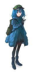 Rule 34 | 1girl, absurdres, aesur a, backpack, bag, black gloves, blue footwear, blue jacket, flat cap, full body, gloves, green hat, hat, highres, jacket, kawashiro nitori, long sleeves, looking at viewer, pocket, simple background, solo, touhou, white background