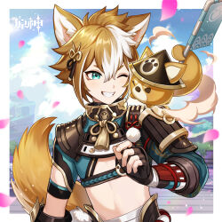 Rule 34 | 1boy, absurdres, animal ears, aqua eyes, black gloves, blue sky, cloud, commentary request, day, dog ears, dog tail, fingerless gloves, genshin impact, gloves, gorou (genshin impact), grin, highres, male focus, midriff, multicolored hair, official art, one eye closed, petals, pom pom (clothes), short hair, shrug (clothing), sky, smile, solo, stomach, tail, two-tone hair, upper body, white hair