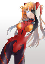 Rule 34 | 1girl, arm up, blue eyes, bodysuit, breasts, breasts apart, brown hair, closed mouth, contrapposto, covered navel, cowboy shot, eyepatch, gradient background, grey background, hair between eyes, hand on own hip, highres, ivuki, long hair, medium breasts, neon genesis evangelion, plugsuit, rebuild of evangelion, red bodysuit, solo, souryuu asuka langley, standing, very long hair, white background