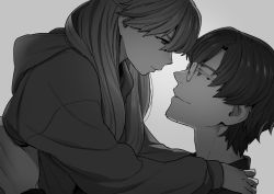 Rule 34 | 1boy, 1girl, age difference, aida kensuke, bad id, bad pixiv id, commentary request, evangelion: 3.0+1.0 thrice upon a time, eye contact, face-to-face, facial hair, glasses, greyscale, grin, hood, hooded jacket, hug, jacket, long hair, looking at another, monochrome, neon genesis evangelion, rebuild of evangelion, short hair, simple background, smile, souryuu asuka langley, stubble, yoshiragi