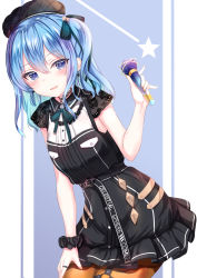 Rule 34 | 1girl, :d, beret, black dress, black hat, black scrunchie, blue background, breasts, choker, dress, earrings, frills, hair between eyes, hair ribbon, hand on own hip, hat, highres, holding, holding microphone, hololive, hoshimachi suisei, hoshimachi suisei (streetwear), jewelry, long hair, looking at viewer, medium breasts, medium hair, microphone, o-ring, one side up, open mouth, orange pantyhose, pantyhose, ribbon, ring, scrunchie, short sleeves, smile, solo, star (symbol), virtual youtuber, wrist scrunchie, yuano