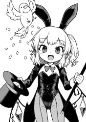Rule 34 | 1girl, animal ears, bird, blush, bow, bowtie, fake animal ears, fang, flandre scarlet, greyscale, hat, highres, holding, holding clothes, holding hat, leotard, long sleeves, looking at viewer, magician, monochrome, oninamako, open mouth, pantyhose, rabbit ears, short hair, short ponytail, shrug (clothing), side ponytail, smile, solo, top hat, touhou, unworn hat, unworn headwear, wings