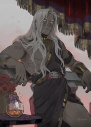 Rule 34 | 1boy, alternate hair length, alternate hairstyle, ancient greek clothes, artist name, atanerrum, curtains, dark-skinned male, dark skin, earrings, flower, gorget, greco-roman clothes, hades (series), hades 1, highres, jewelry, long hair, male focus, red flower, single bare shoulder, table, thanatos (hades), white hair, yellow eyes